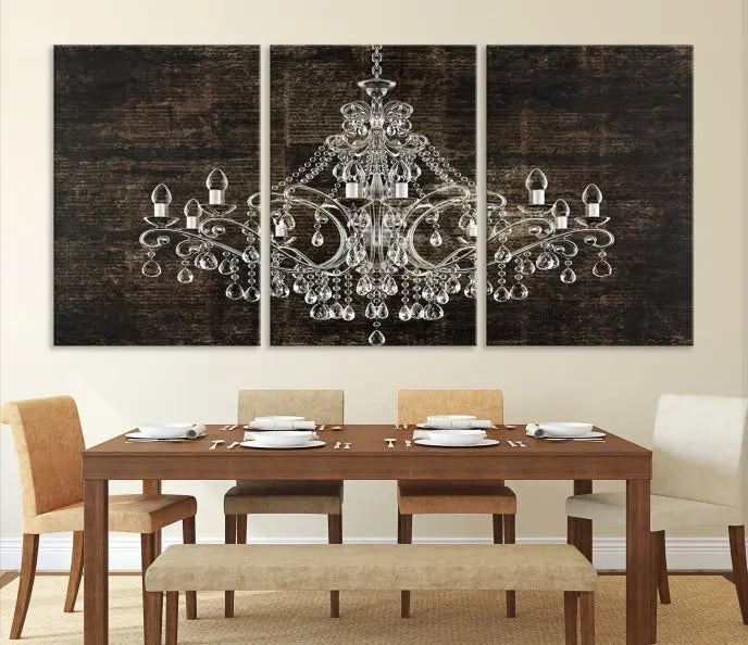 Elevate your space effortlessly with the Rustic Chandelier Canvas Print, featuring an exquisite triptych of a crystal chandelier on a dark backdrop. Crafted on museum-quality canvases, and enjoy the added benefit of free shipping.