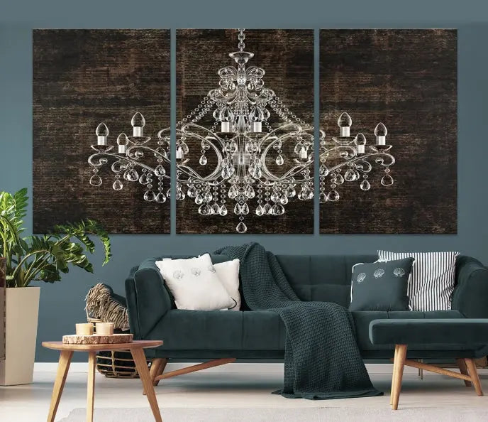 Elevate your space effortlessly with the Rustic Chandelier Canvas Print, featuring an exquisite triptych of a crystal chandelier on a dark backdrop. Crafted on museum-quality canvases, and enjoy the added benefit of free shipping.