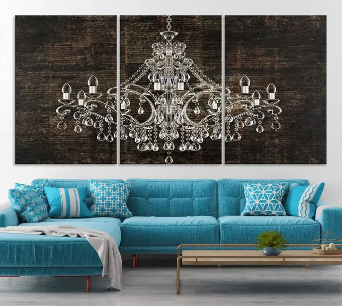 Elevate your space effortlessly with the Rustic Chandelier Canvas Print, featuring an exquisite triptych of a crystal chandelier on a dark backdrop. Crafted on museum-quality canvases, and enjoy the added benefit of free shipping.