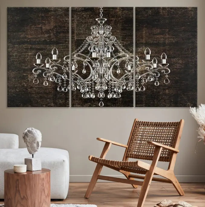 Elevate your space effortlessly with the Rustic Chandelier Canvas Print, featuring an exquisite triptych of a crystal chandelier on a dark backdrop. Crafted on museum-quality canvases, and enjoy the added benefit of free shipping.