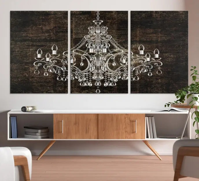 Elevate your space effortlessly with the Rustic Chandelier Canvas Print, featuring an exquisite triptych of a crystal chandelier on a dark backdrop. Crafted on museum-quality canvases, and enjoy the added benefit of free shipping.