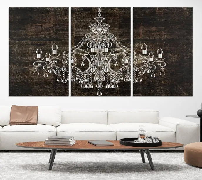 Elevate your space effortlessly with the Rustic Chandelier Canvas Print, featuring an exquisite triptych of a crystal chandelier on a dark backdrop. Crafted on museum-quality canvases, and enjoy the added benefit of free shipping.