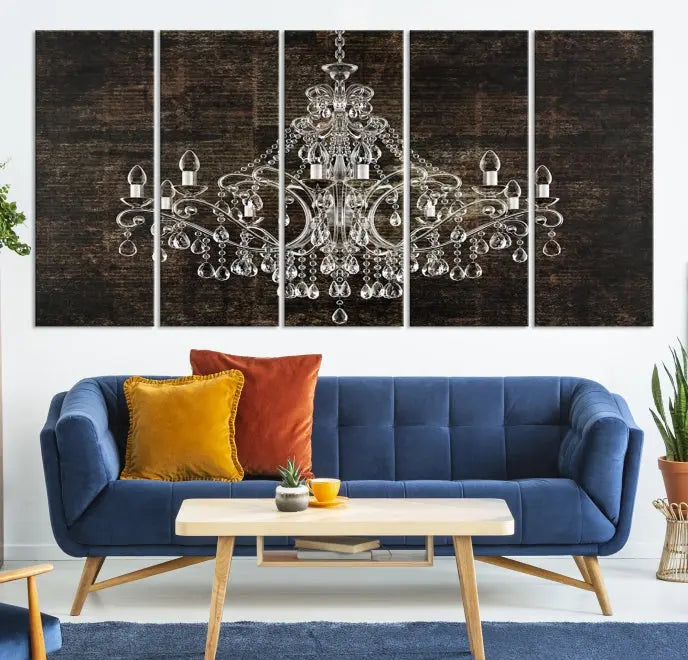 Elevate your space effortlessly with the Rustic Chandelier Canvas Print, featuring an exquisite triptych of a crystal chandelier on a dark backdrop. Crafted on museum-quality canvases, and enjoy the added benefit of free shipping.