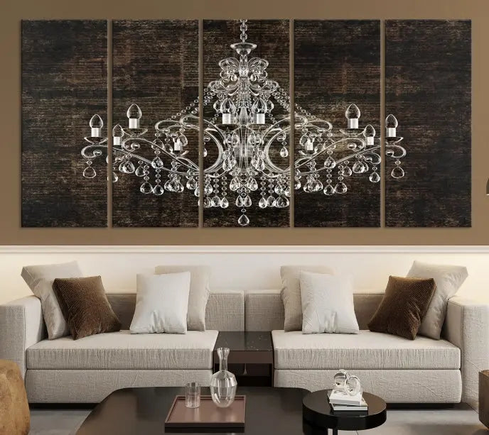 Elevate your space effortlessly with the Rustic Chandelier Canvas Print, featuring an exquisite triptych of a crystal chandelier on a dark backdrop. Crafted on museum-quality canvases, and enjoy the added benefit of free shipping.