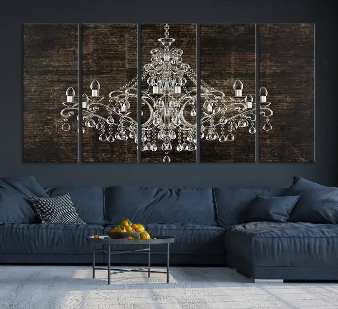 Elevate your space effortlessly with the Rustic Chandelier Canvas Print, featuring an exquisite triptych of a crystal chandelier on a dark backdrop. Crafted on museum-quality canvases, and enjoy the added benefit of free shipping.