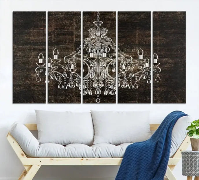 Elevate your space effortlessly with the Rustic Chandelier Canvas Print, featuring an exquisite triptych of a crystal chandelier on a dark backdrop. Crafted on museum-quality canvases, and enjoy the added benefit of free shipping.