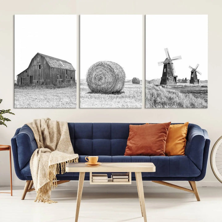 This modern living room features a set of three Rustic Country Barn, Wheat, and Farm canvas wall art prints.