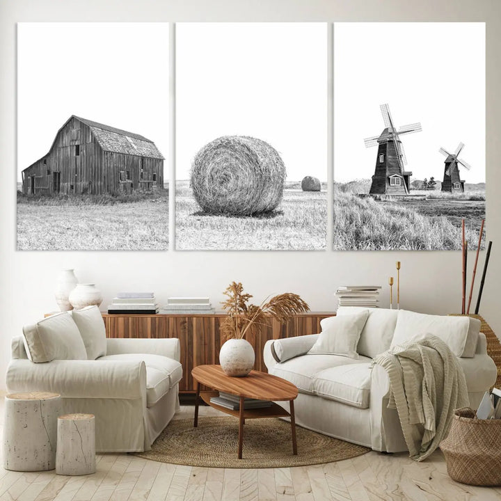 This modern living room features a set of three Rustic Country Barn, Wheat, and Farm canvas wall art prints.