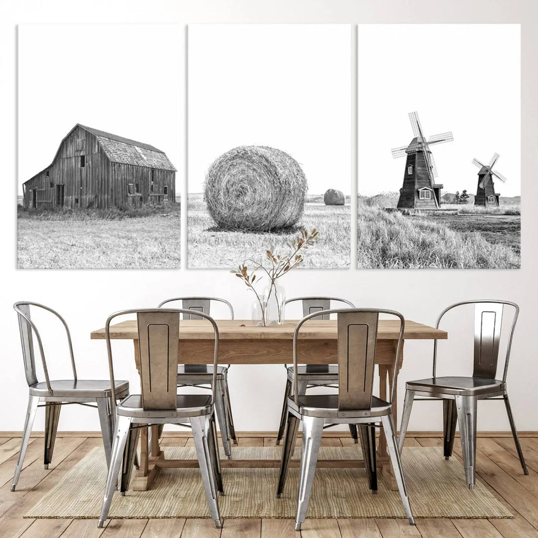 This modern living room features a set of three Rustic Country Barn, Wheat, and Farm canvas wall art prints.