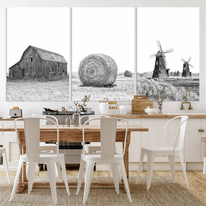 This modern living room features a set of three Rustic Country Barn, Wheat, and Farm canvas wall art prints.