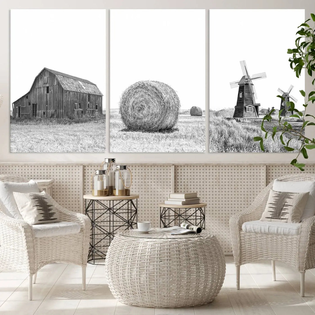 This modern living room features a set of three Rustic Country Barn, Wheat, and Farm canvas wall art prints.