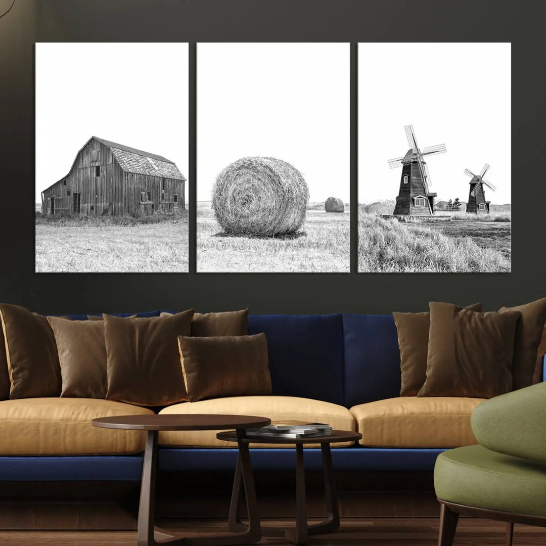 This modern living room features a set of three Rustic Country Barn, Wheat, and Farm canvas wall art prints.