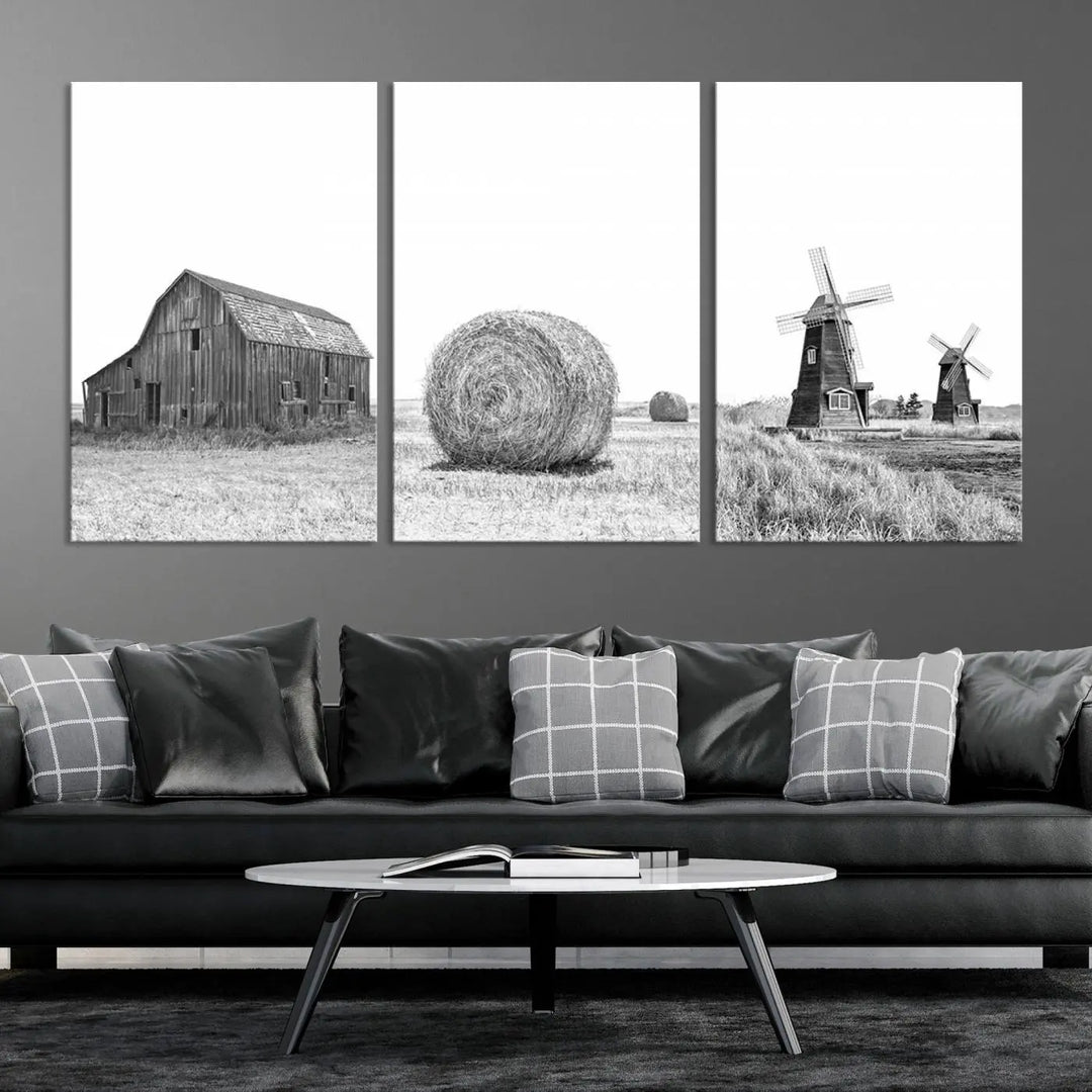 This modern living room features a set of three Rustic Country Barn, Wheat, and Farm canvas wall art prints.