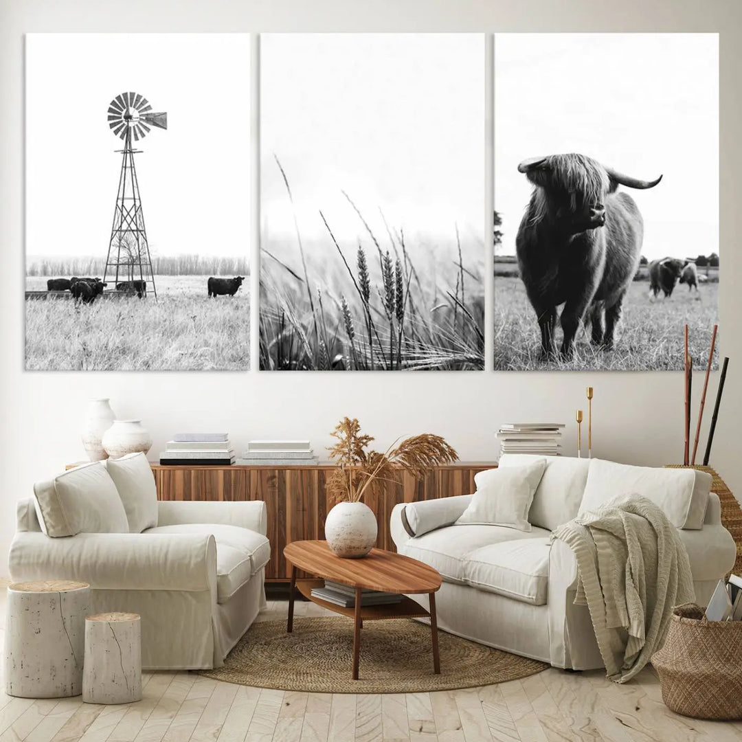 The living room showcases captivating black-and-white farmhouse wall art, featuring cows and a rustic country barn from the Rustic Country Barn, Wheat, and Farm Canvas Wall Art Print - Set of 3 Farmhouse Wall Art Prints.