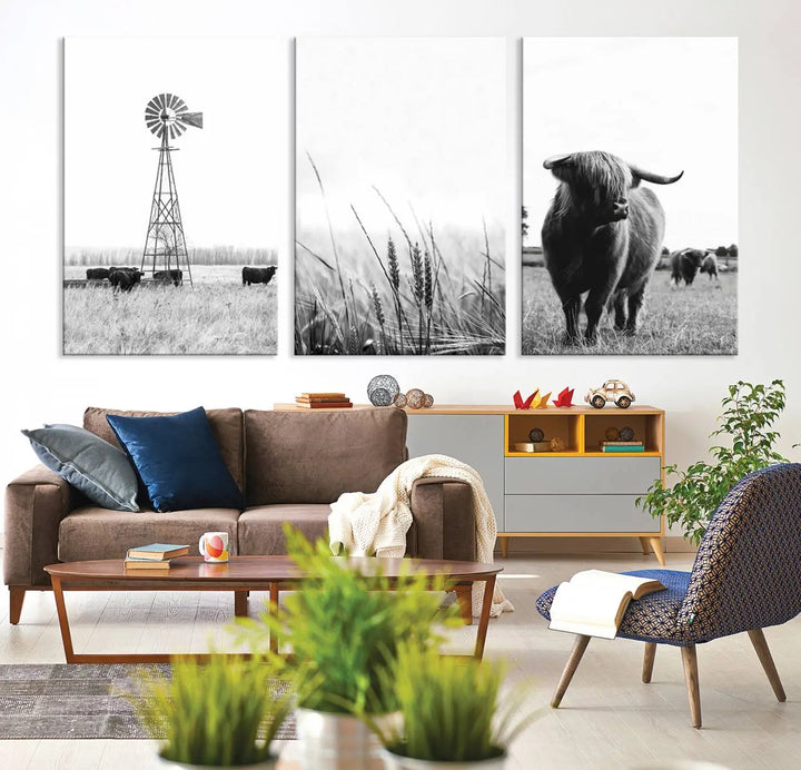 The living room showcases captivating black-and-white farmhouse wall art, featuring cows and a rustic country barn from the Rustic Country Barn, Wheat, and Farm Canvas Wall Art Print - Set of 3 Farmhouse Wall Art Prints.