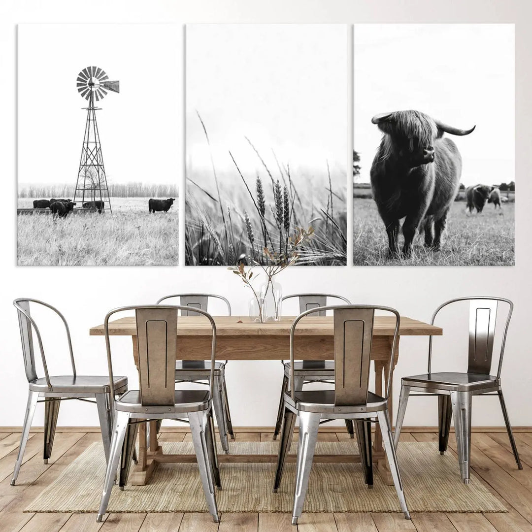 The living room showcases captivating black-and-white farmhouse wall art, featuring cows and a rustic country barn from the Rustic Country Barn, Wheat, and Farm Canvas Wall Art Print - Set of 3 Farmhouse Wall Art Prints.