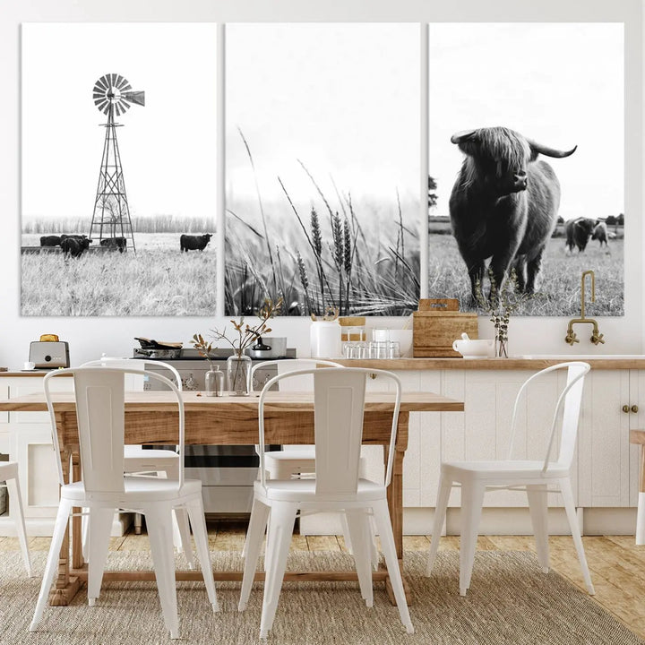 The living room showcases captivating black-and-white farmhouse wall art, featuring cows and a rustic country barn from the Rustic Country Barn, Wheat, and Farm Canvas Wall Art Print - Set of 3 Farmhouse Wall Art Prints.