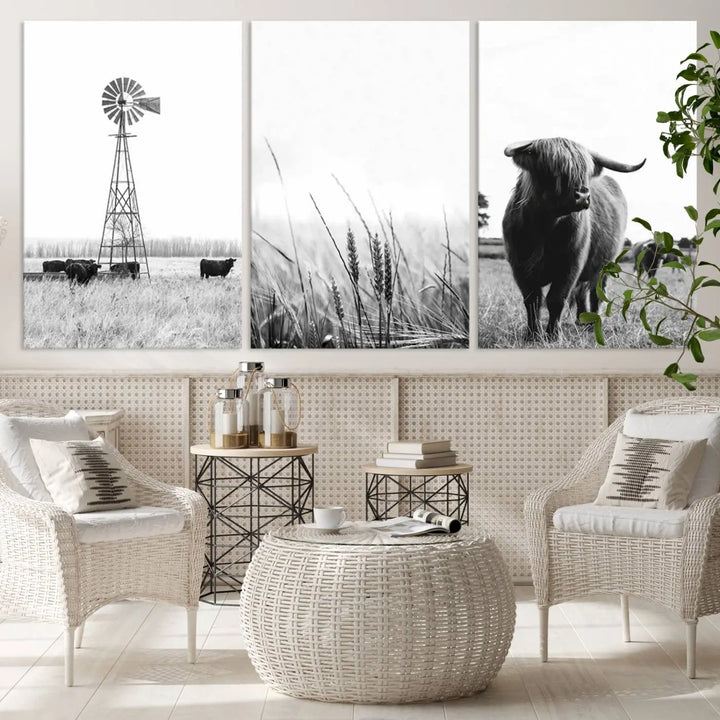 The living room showcases captivating black-and-white farmhouse wall art, featuring cows and a rustic country barn from the Rustic Country Barn, Wheat, and Farm Canvas Wall Art Print - Set of 3 Farmhouse Wall Art Prints.