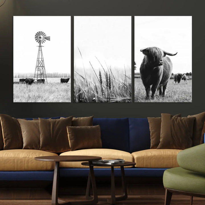 The living room showcases captivating black-and-white farmhouse wall art, featuring cows and a rustic country barn from the Rustic Country Barn, Wheat, and Farm Canvas Wall Art Print - Set of 3 Farmhouse Wall Art Prints.