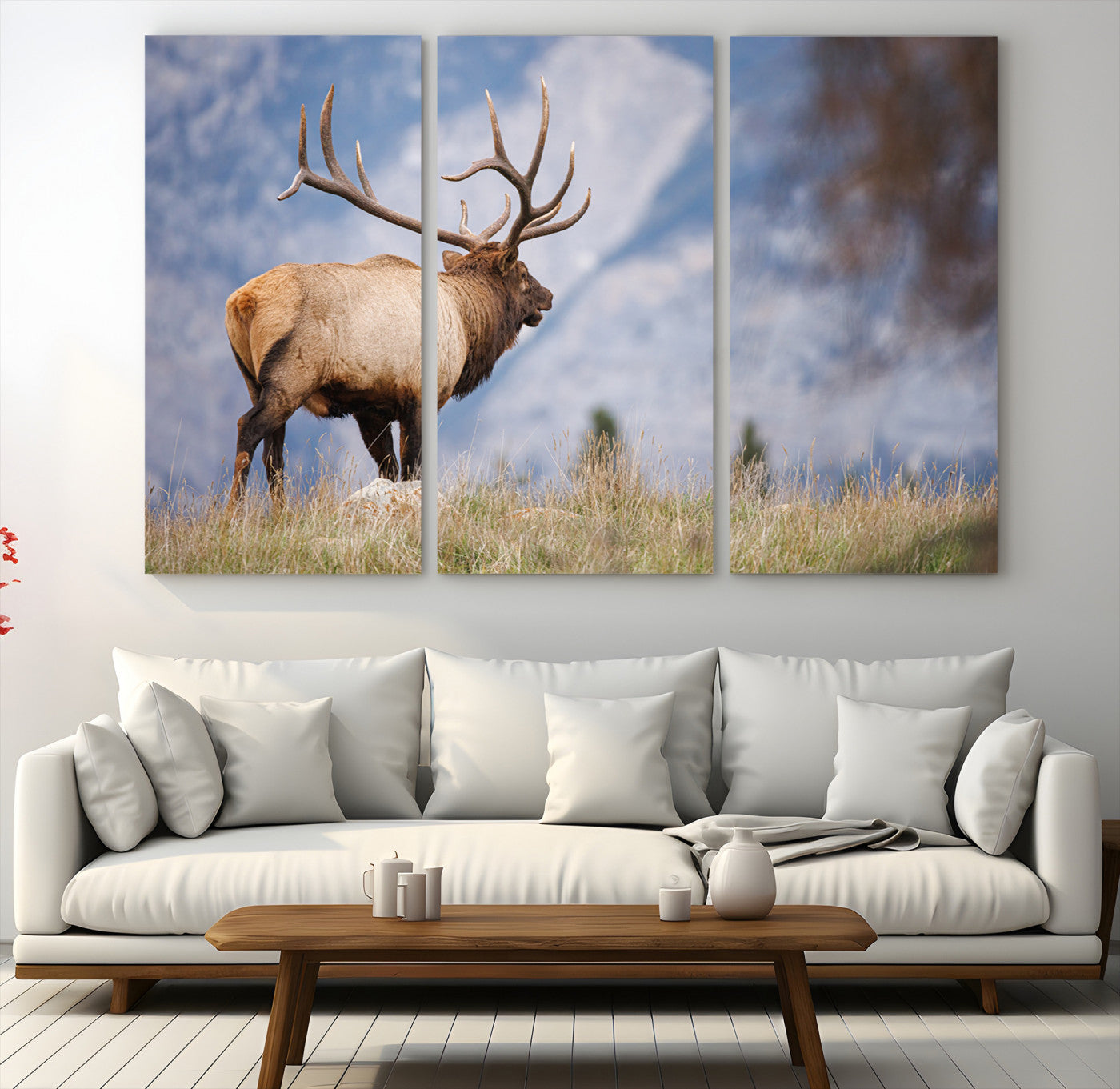26365841-MGV-CV-48X32-3P-Rustic Elk Wall Art Canvas Print – Framed Majestic Wildlife Scene with Antlered Elk Artwork for Home, Office, Living Room