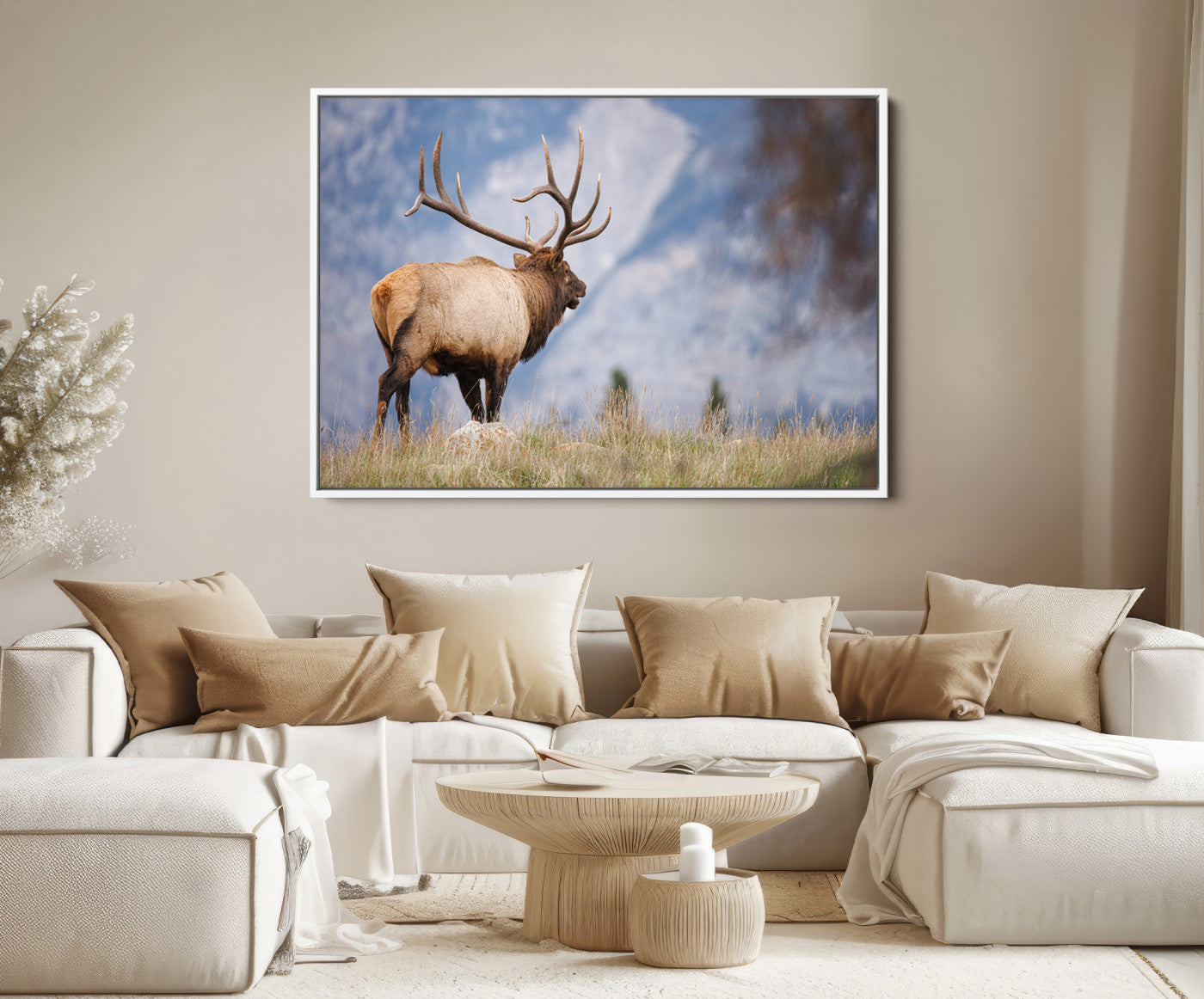 26365841-MGV-FC-36X24_White-Rustic Elk Wall Art Canvas Print – Framed Majestic Wildlife Scene with Antlered Elk Artwork for Home, Office, Living Room