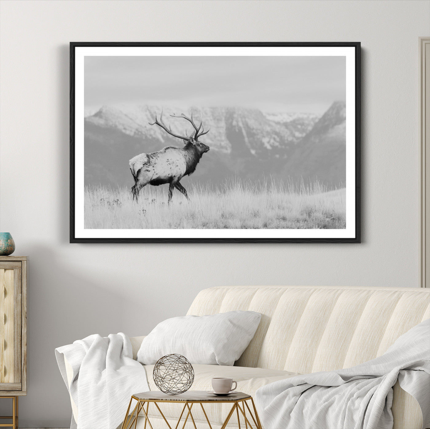 72817061-MGC-FP-36x24_Black-Rustic Elk Wall Art Canvas Print, Wildlife Antler Print, Framed Western Hunting Lodge Art Print, Large Mountain Nature Scene Printing