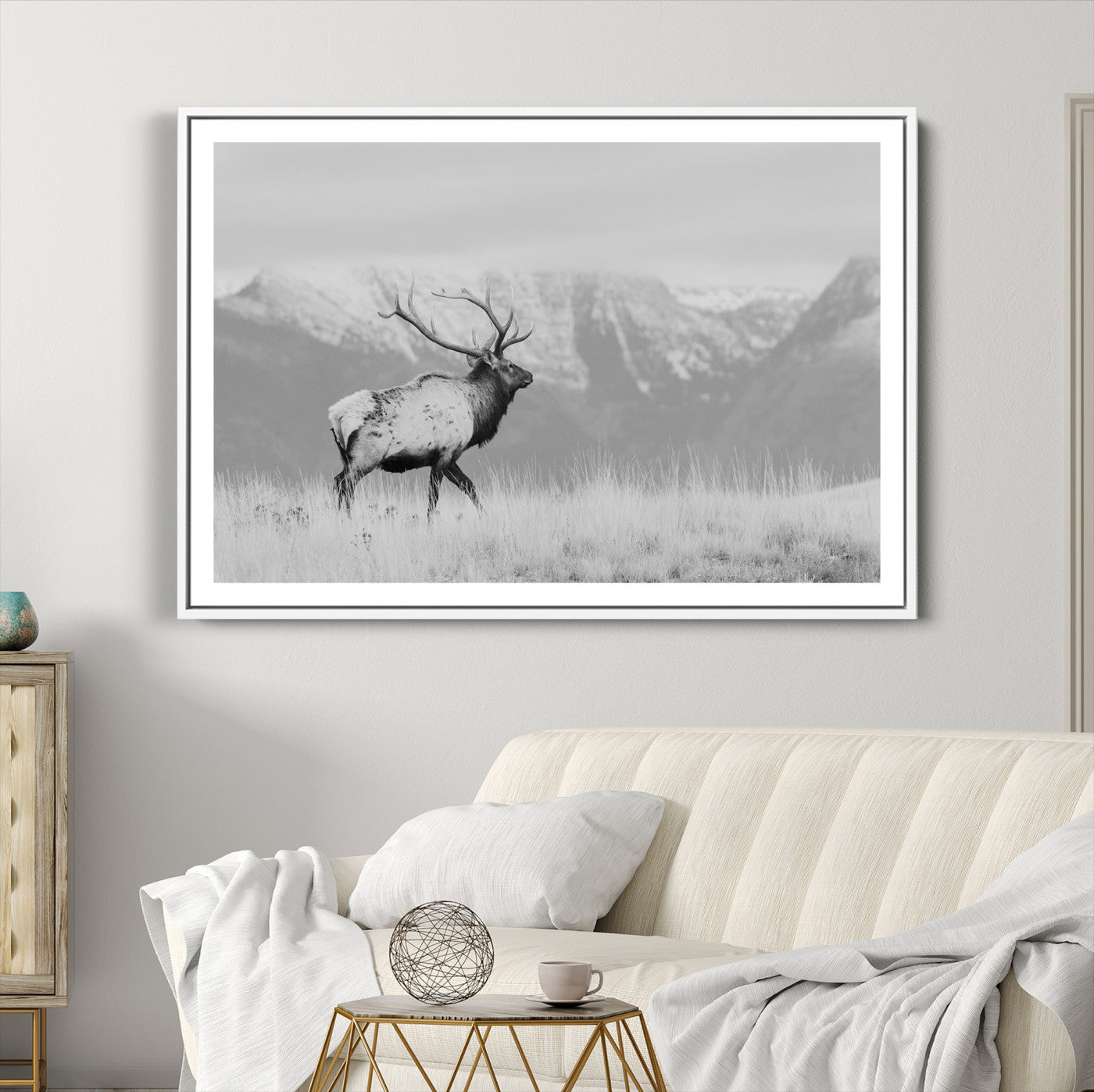 72817061-MGC-FP-36x24_White-Rustic Elk Wall Art Canvas Print, Wildlife Antler Print, Framed Western Hunting Lodge Art Print, Large Mountain Nature Scene Printing