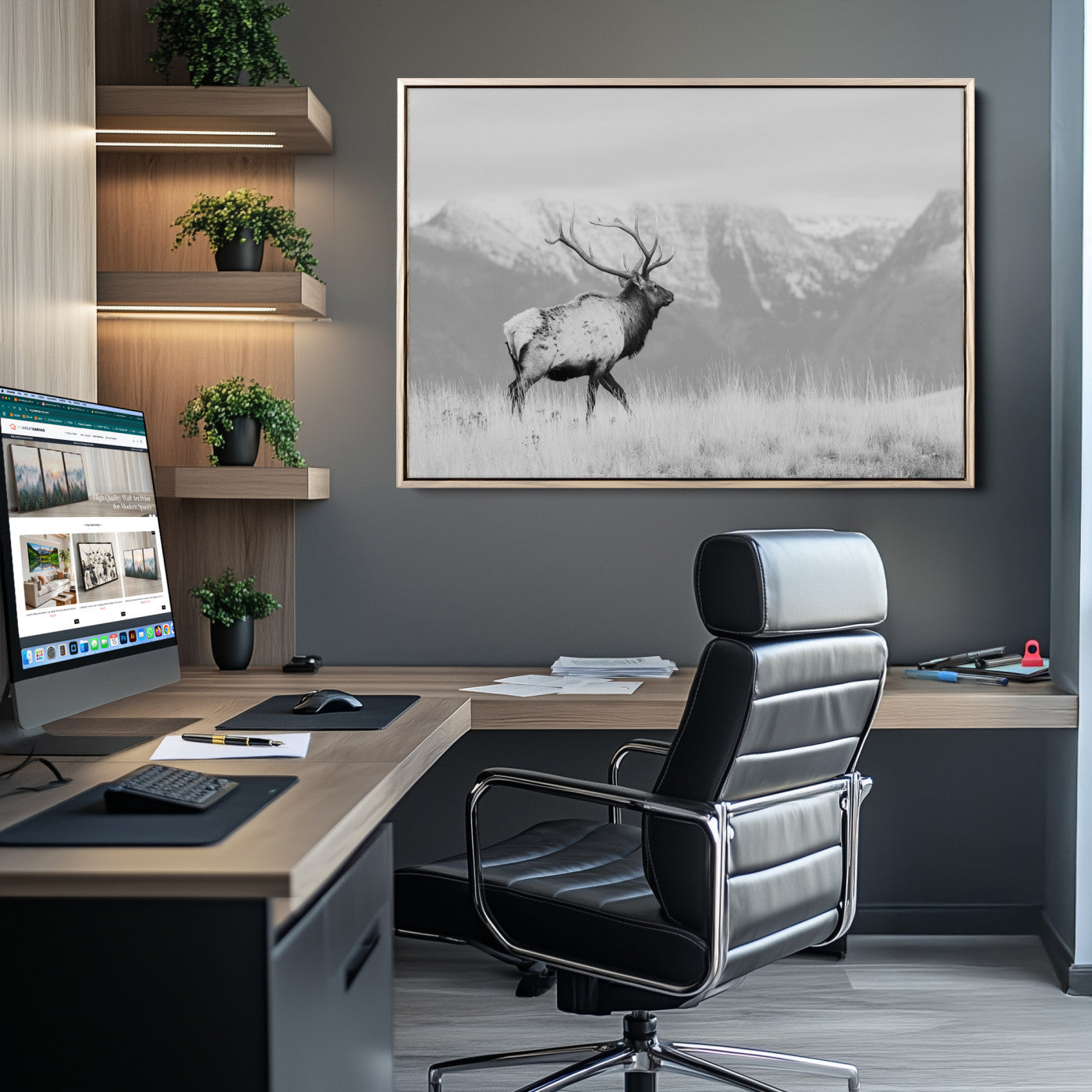 Rustic Elk Wall Art Canvas Print, Wildlife Antler Print, Framed Western Hunting Lodge Art Print, Large Mountain Nature Scene Printing