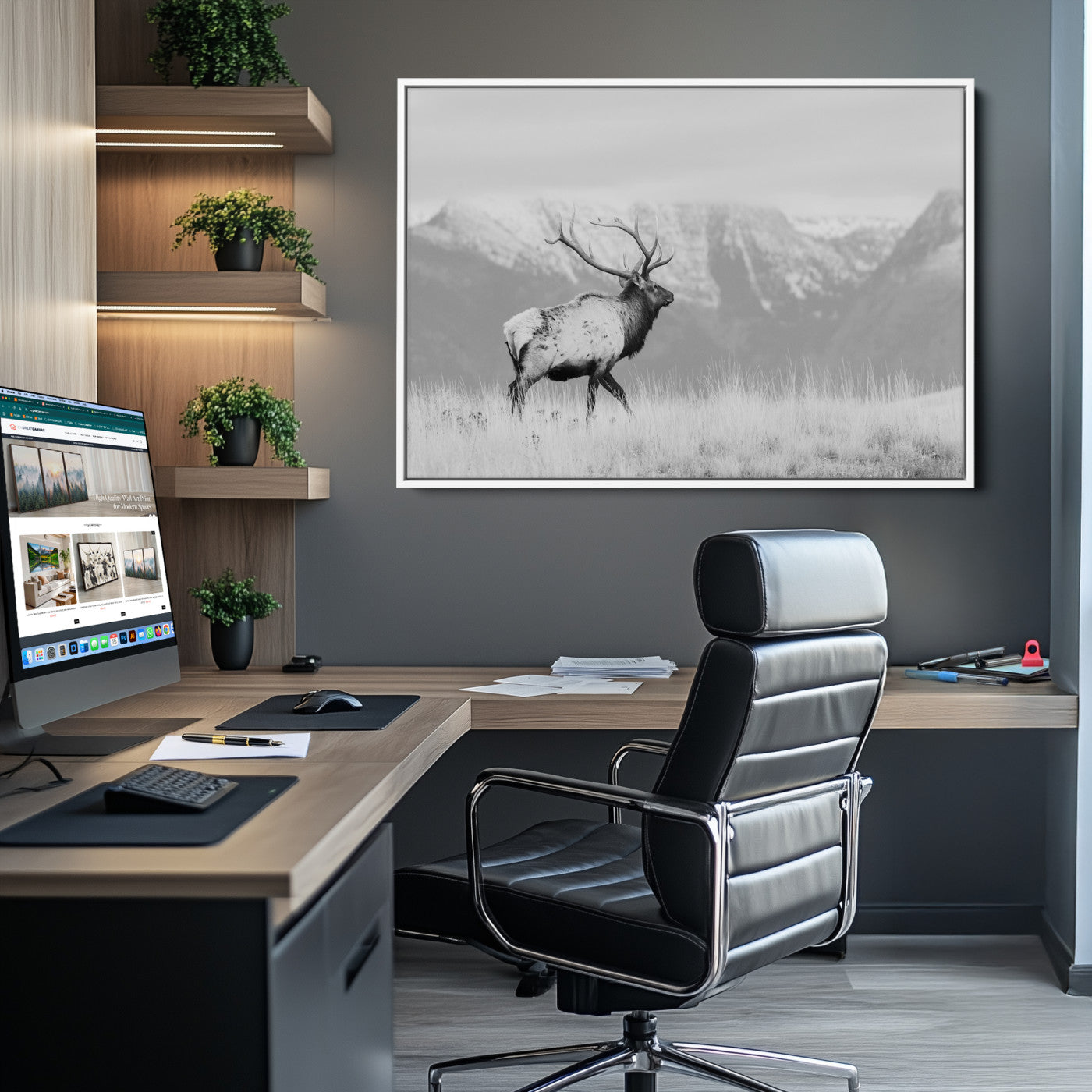 Rustic Elk Wall Art Canvas Print, Wildlife Antler Print, Framed Western Hunting Lodge Art Print, Large Mountain Nature Scene Printing