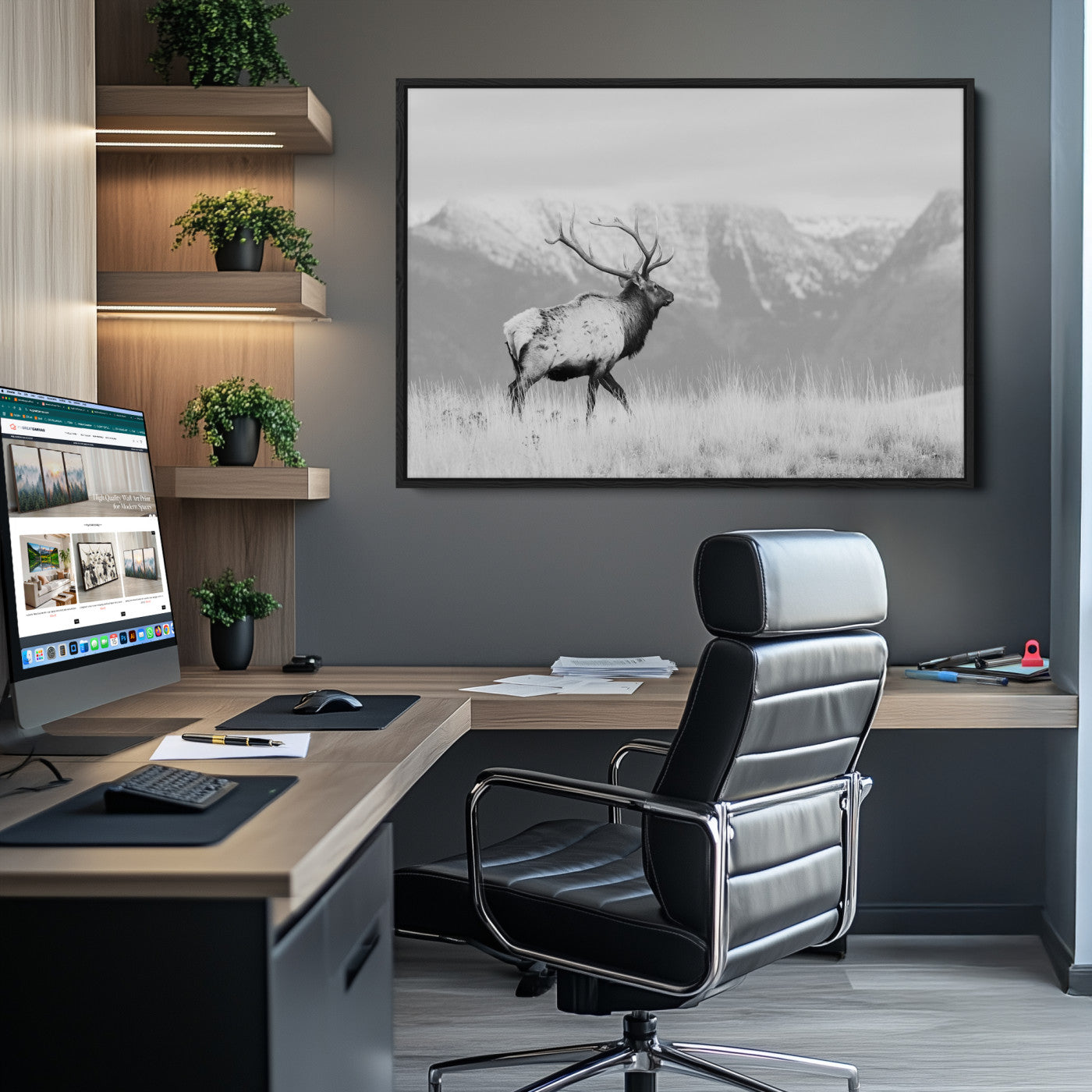 Rustic Elk Wall Art Canvas Print, Wildlife Antler Print, Framed Western Hunting Lodge Art Print, Large Mountain Nature Scene Printing