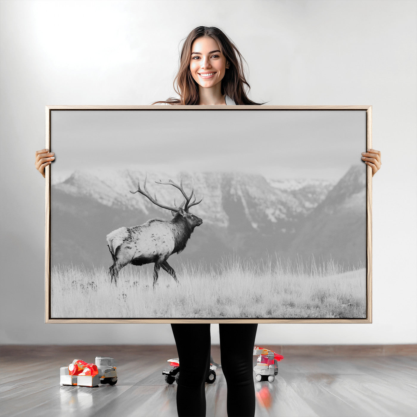 Rustic Elk Wall Art Canvas Print, Wildlife Antler Print, Framed Western Hunting Lodge Art Print, Large Mountain Nature Scene Printing