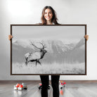 Rustic Elk Wall Art Canvas Print, Wildlife Antler Print, Framed Western Hunting Lodge Art Print, Large Mountain Nature Scene Printing
