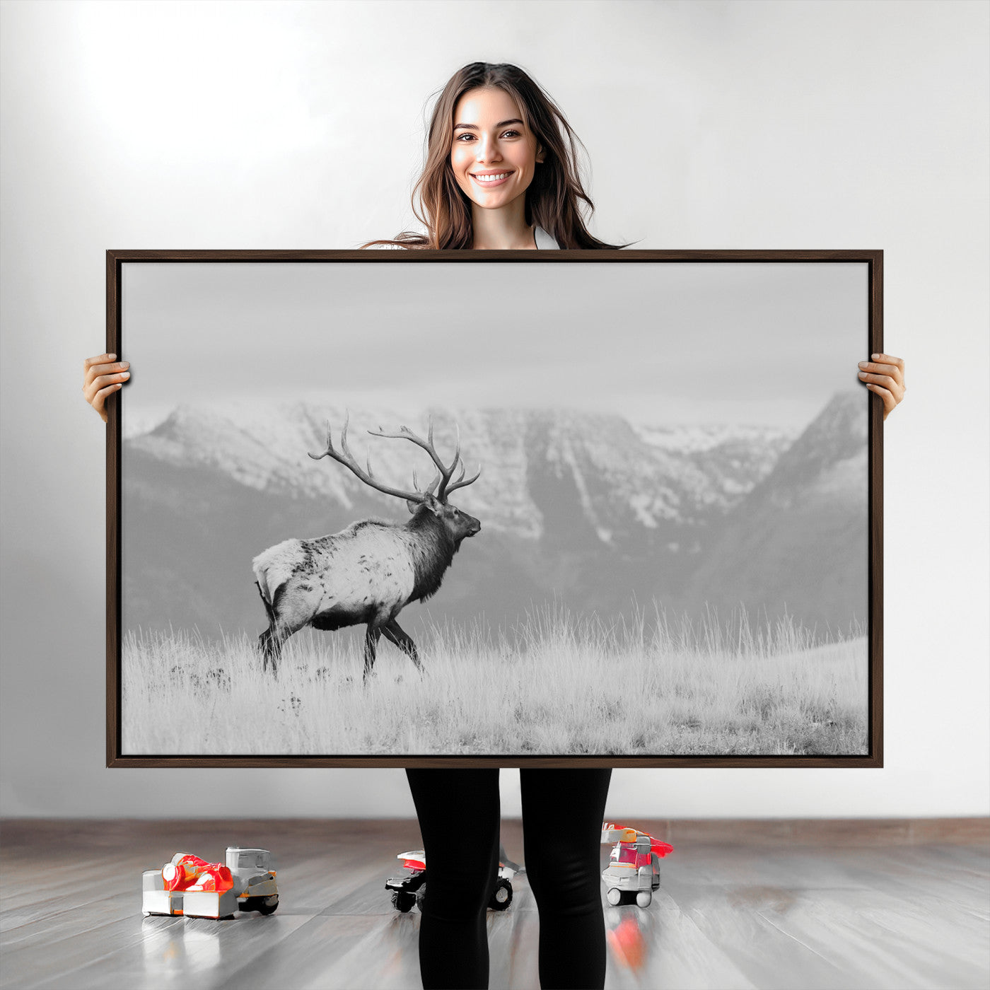 Rustic Elk Wall Art Canvas Print, Wildlife Antler Print, Framed Western Hunting Lodge Art Print, Large Mountain Nature Scene Printing