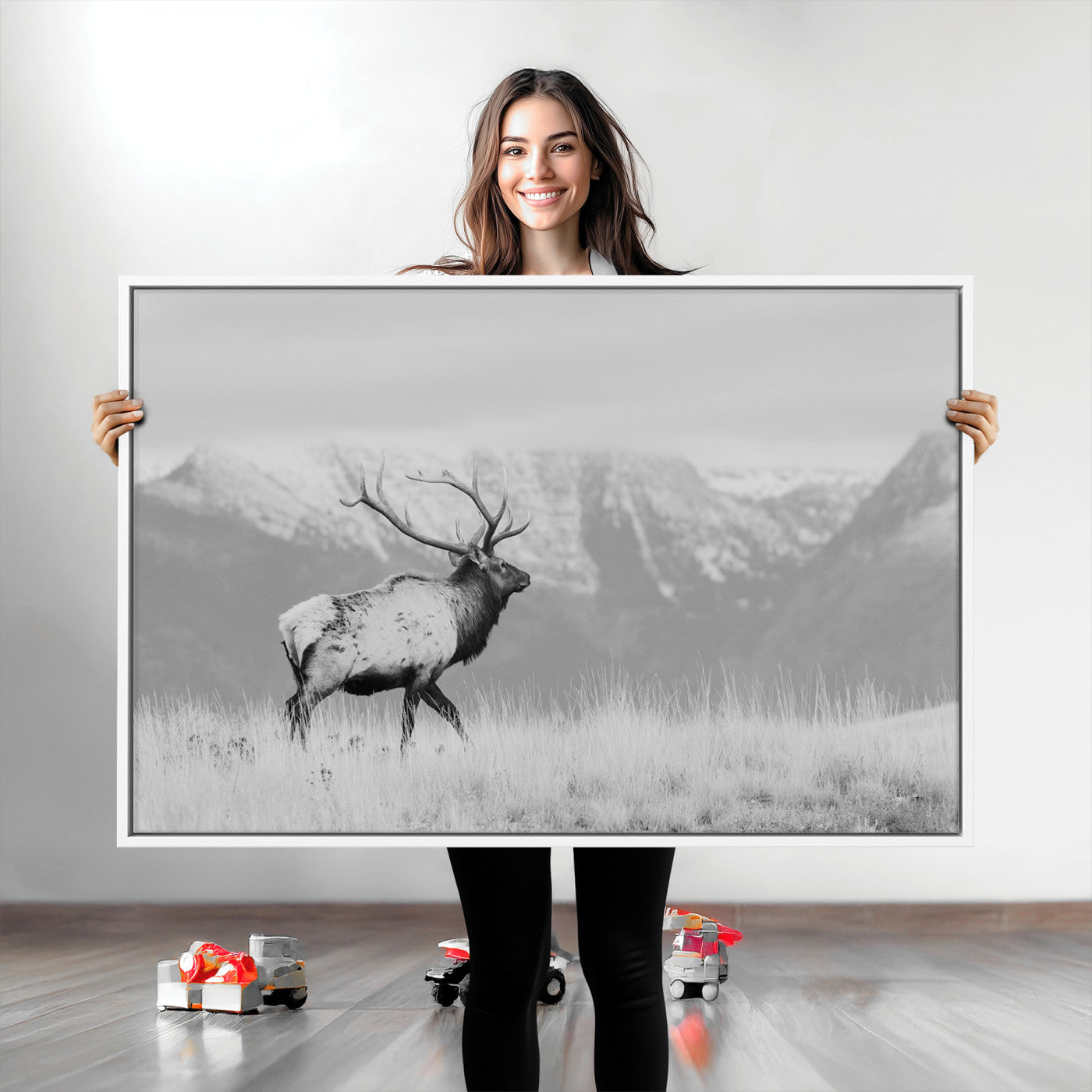 Rustic Elk Wall Art Canvas Print, Wildlife Antler Print, Framed Western Hunting Lodge Art Print, Large Mountain Nature Scene Printing