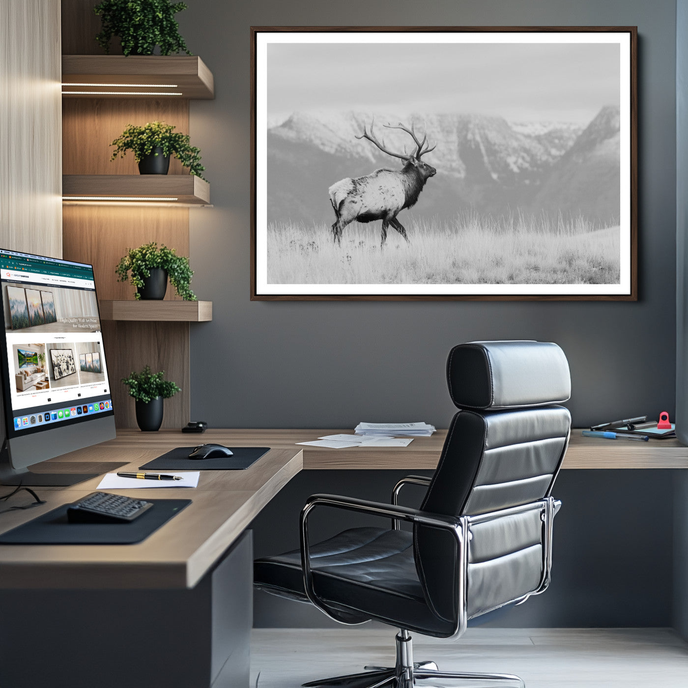Rustic Elk Wall Art Canvas Print, Wildlife Antler Print, Framed Western Hunting Lodge Art Print, Large Mountain Nature Scene Printing