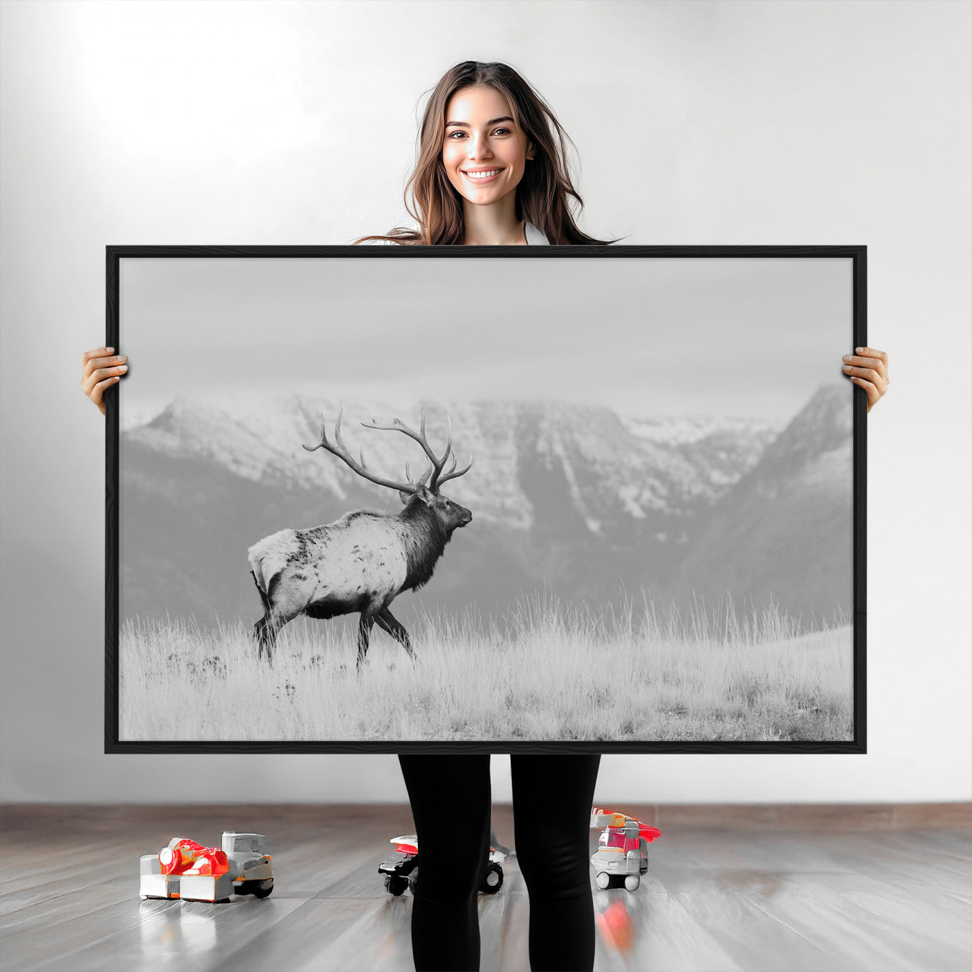 Rustic Elk Wall Art Canvas Print, Wildlife Antler Print, Framed Western Hunting Lodge Art Print, Large Mountain Nature Scene Printing