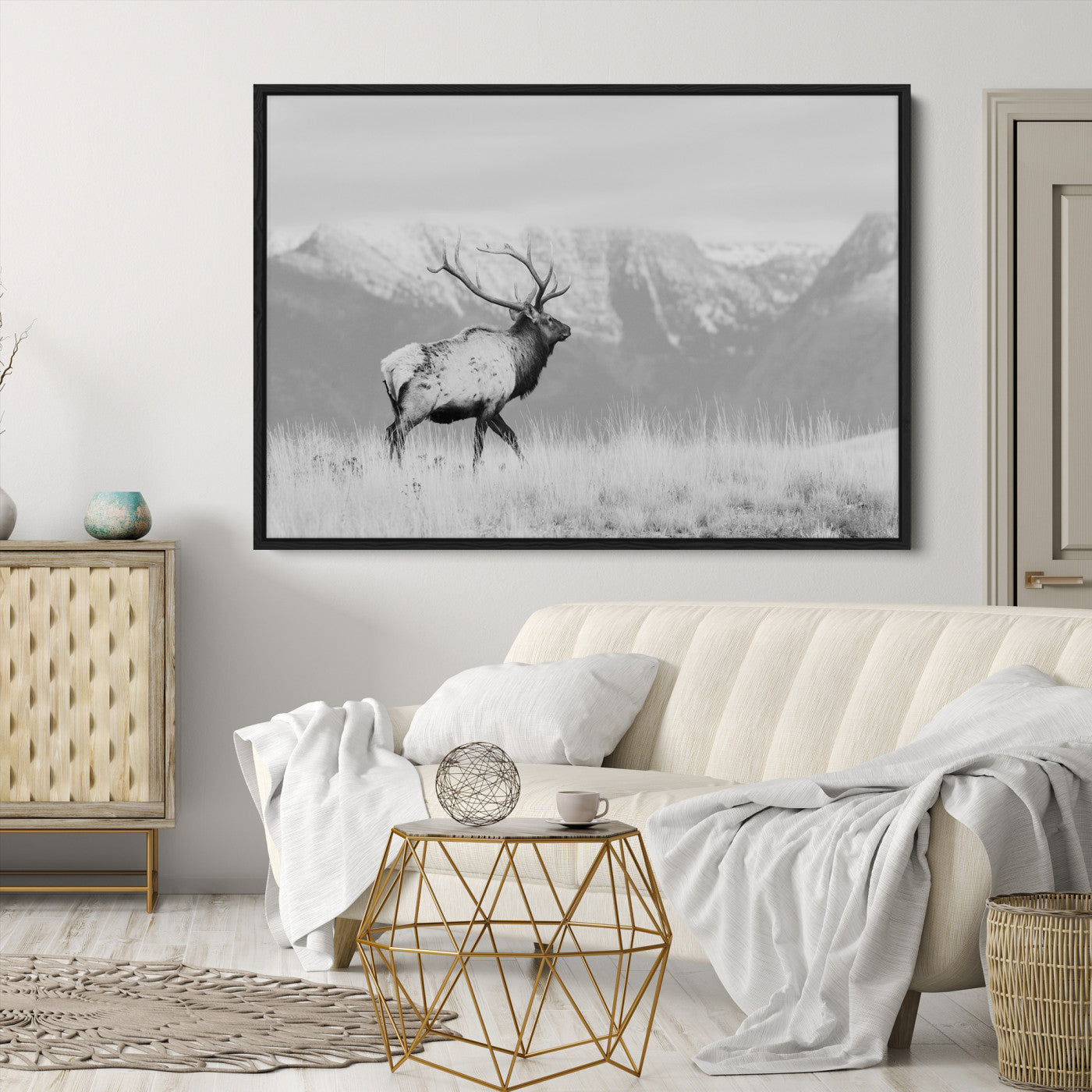 Rustic Elk Wall Art Canvas Print, Wildlife Antler Print, Framed Western Hunting Lodge Art Print, Large Mountain Nature Scene Printing