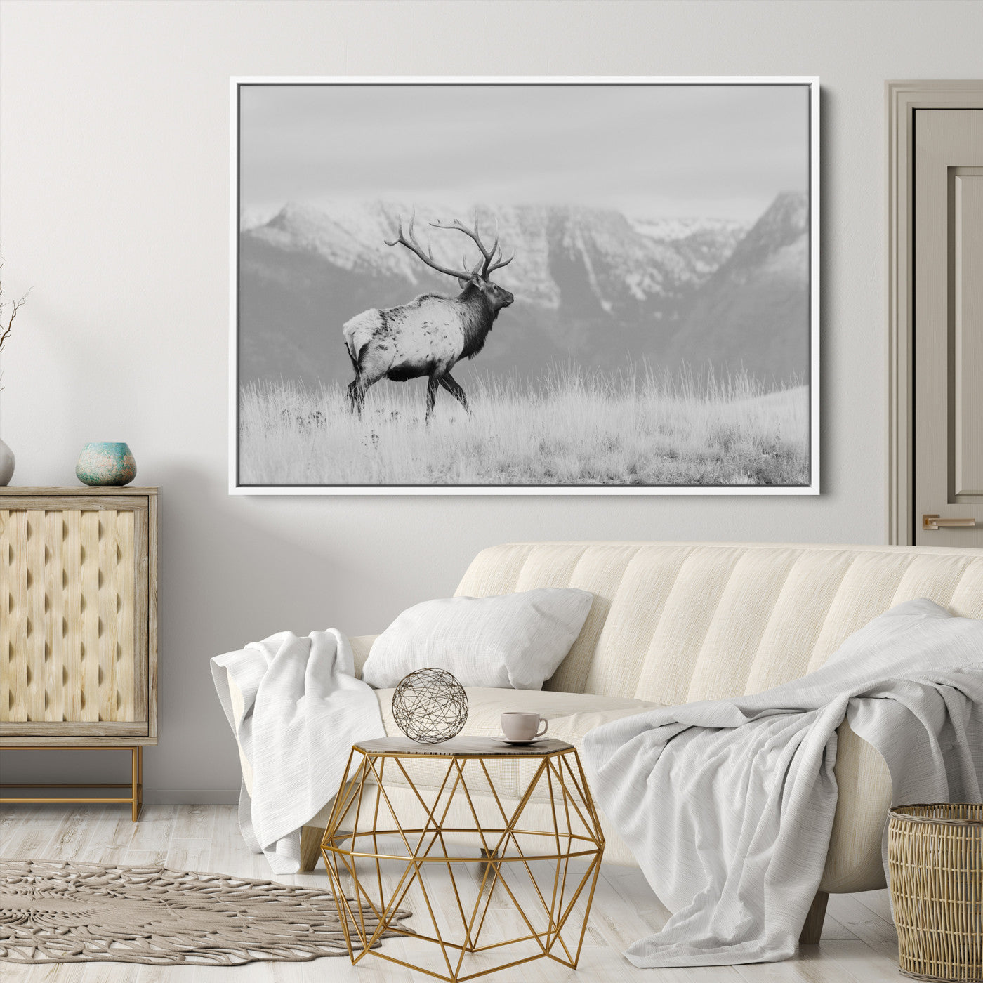 Rustic Elk Wall Art Canvas Print, Wildlife Antler Print, Framed Western Hunting Lodge Art Print, Large Mountain Nature Scene Printing