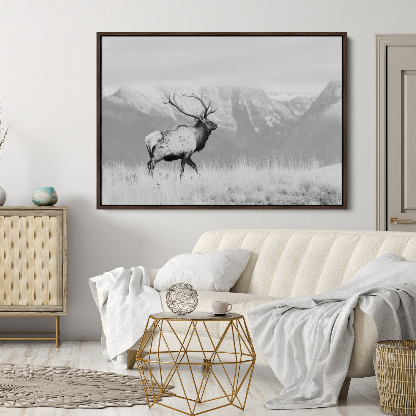 Rustic Elk Wall Art Canvas Print, Wildlife Antler Print, Framed Western Hunting Lodge Art Print, Large Mountain Nature Scene Printing