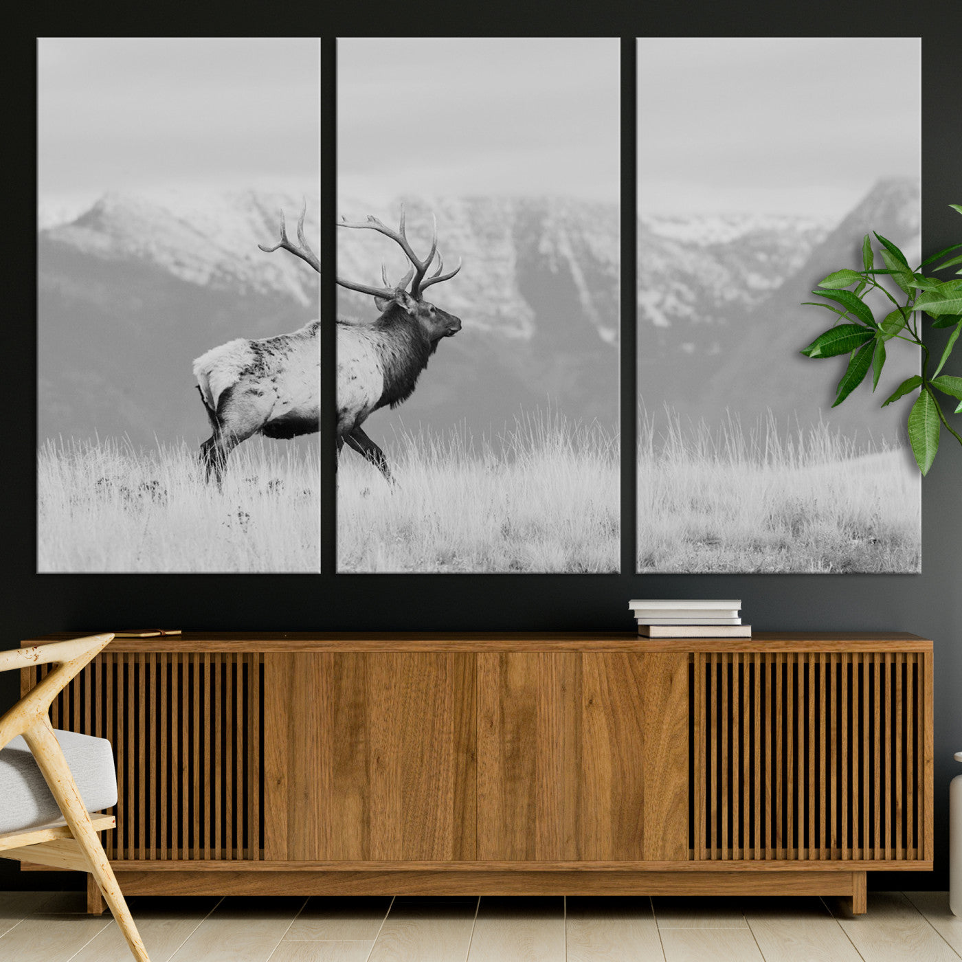 72817061-MGV-CV-36X24-Rustic Elk Wall Art Canvas Print, Wildlife Antler Print, Framed Western Hunting Lodge Art Print, Large Mountain Nature Scene Printing