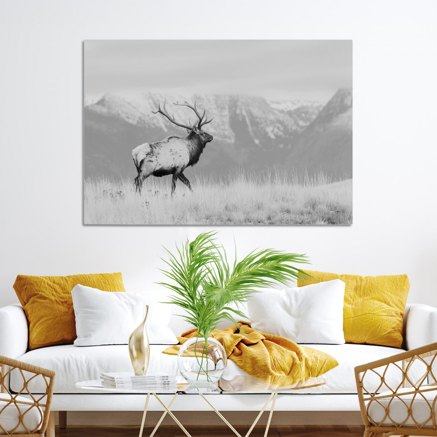 Rustic Elk Wall Art Canvas Print, Wildlife Antler Print, Framed Western Hunting Lodge Art Print, Large Mountain Nature Scene Printing
