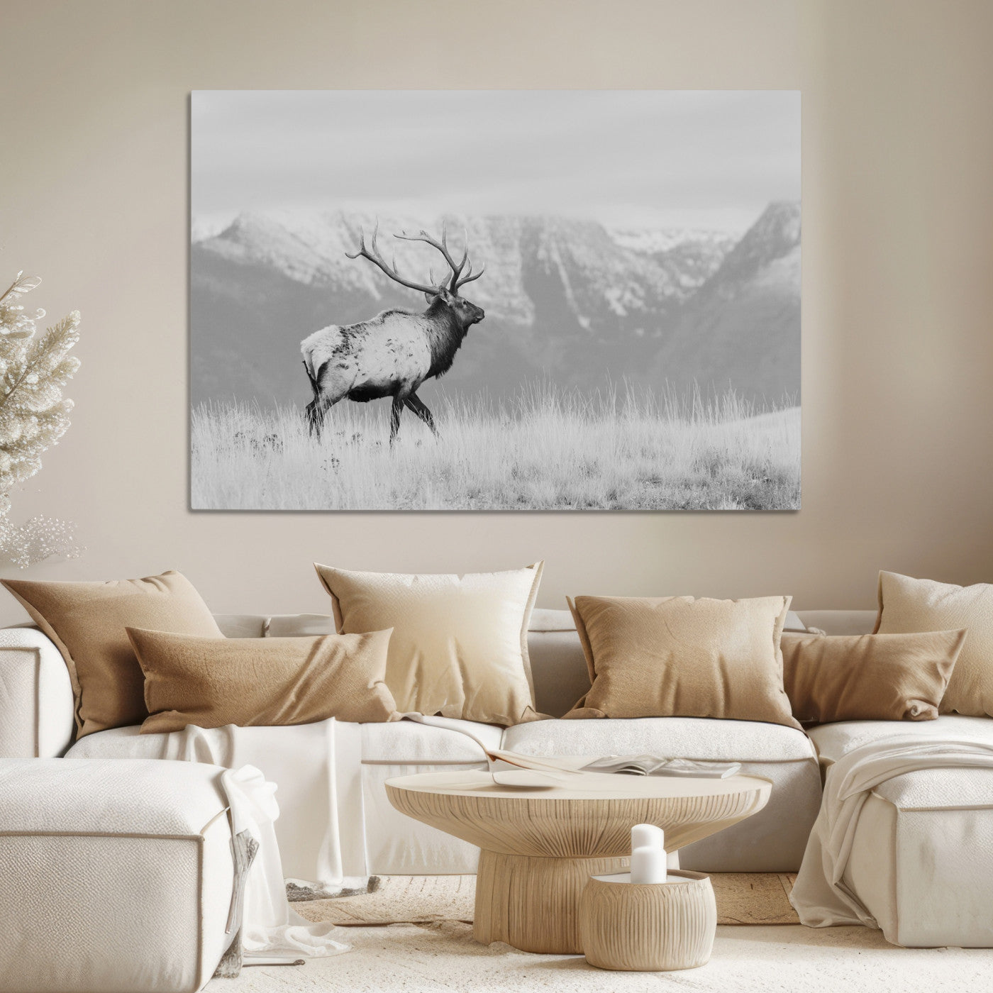 Rustic Elk Wall Art Canvas Print, Wildlife Antler Print, Framed Western Hunting Lodge Art Print, Large Mountain Nature Scene Printing