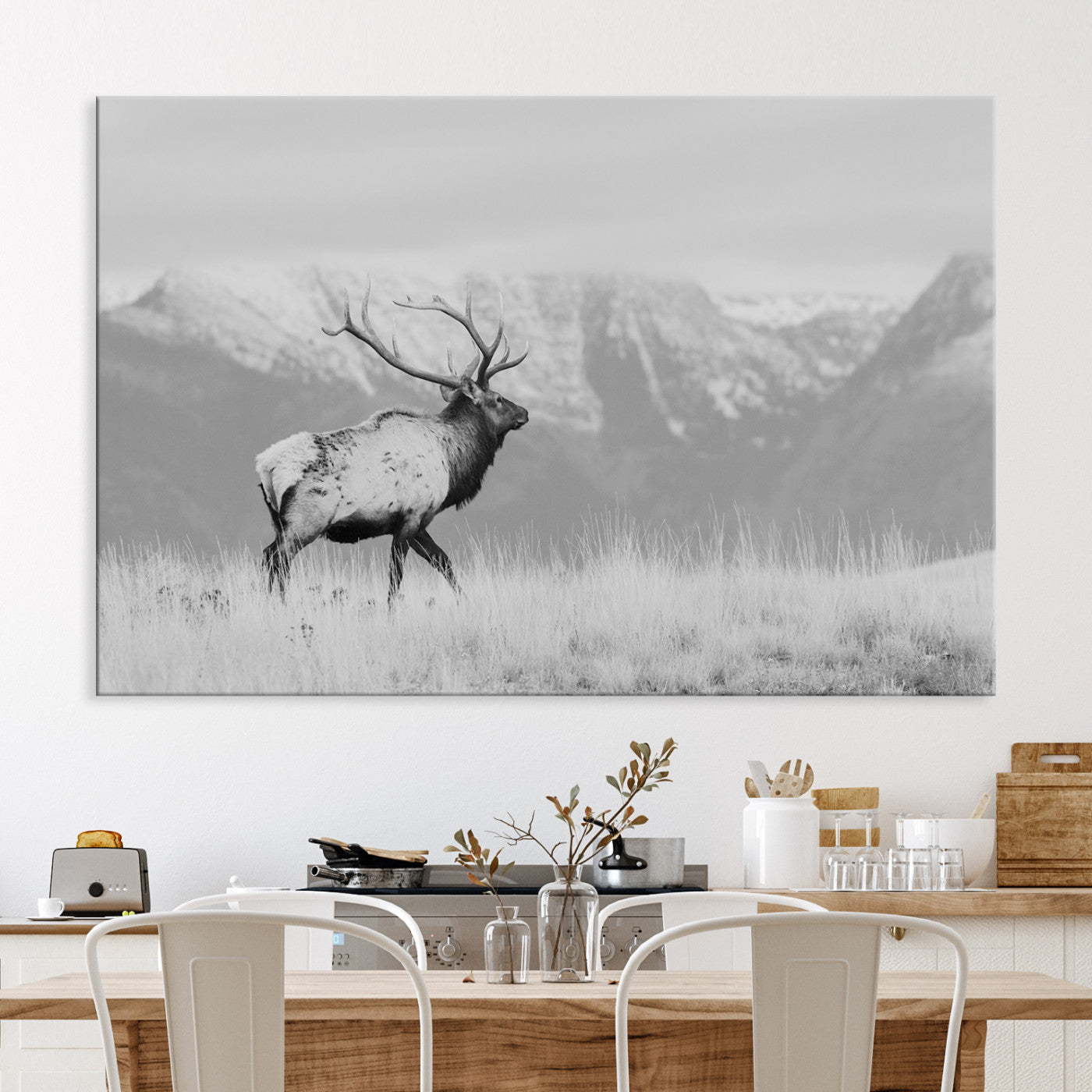 Rustic Elk Wall Art Canvas Print, Wildlife Antler Print, Framed Western Hunting Lodge Art Print, Large Mountain Nature Scene Printing