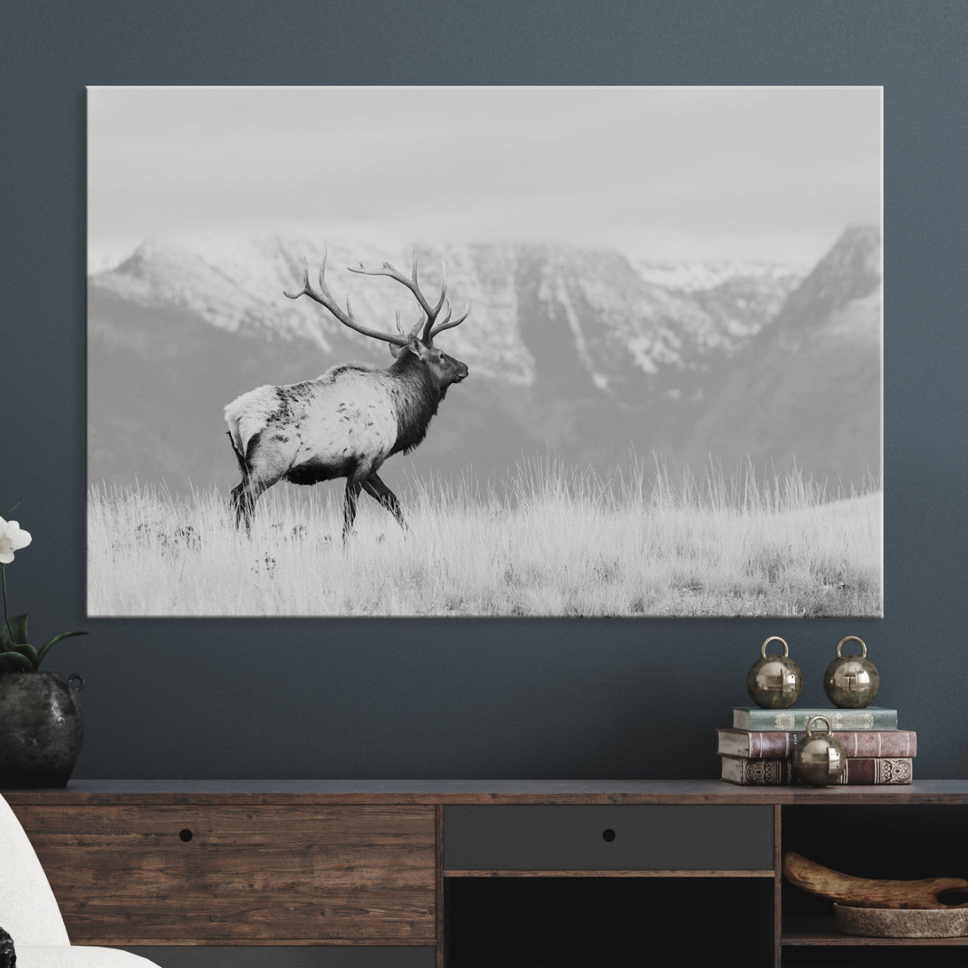 Rustic Elk Wall Art Canvas Print, Wildlife Antler Print, Framed Western Hunting Lodge Art Print, Large Mountain Nature Scene Printing