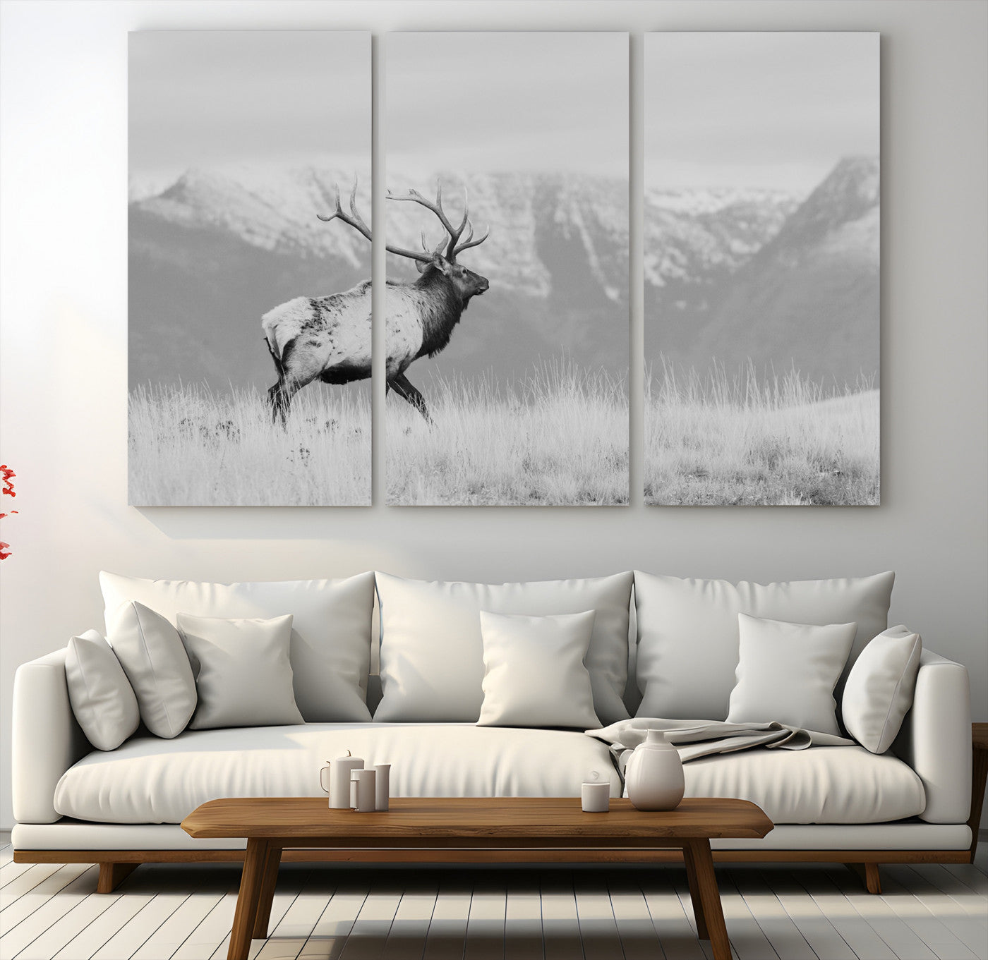 72817061-MGV-CV-48X32-3P-Rustic Elk Wall Art Canvas Print, Wildlife Antler Print, Framed Western Hunting Lodge Art Print, Large Mountain Nature Scene Printing