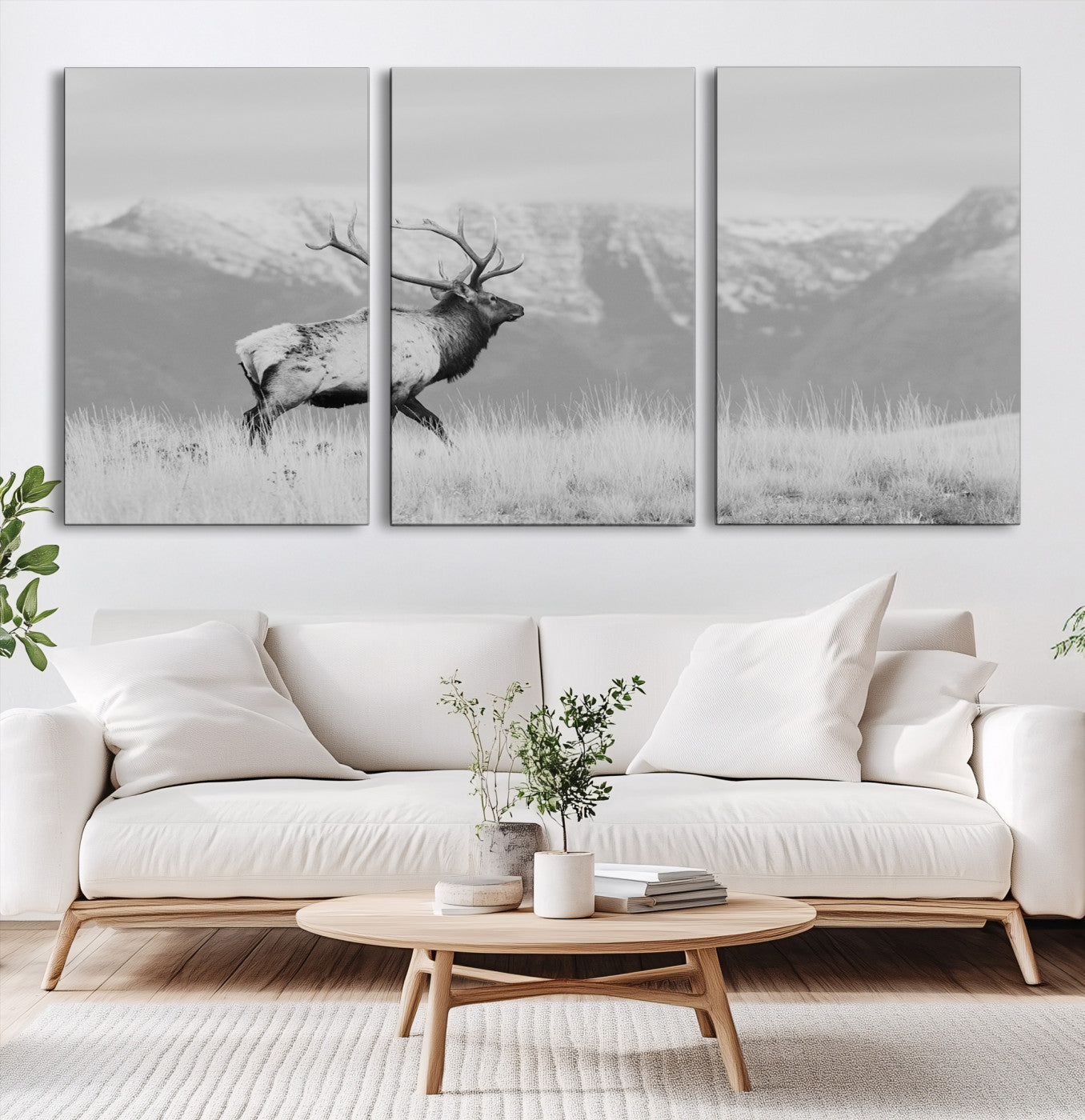 72817061-MGV-CV-60X30-3P-Rustic Elk Wall Art Canvas Print, Wildlife Antler Print, Framed Western Hunting Lodge Art Print, Large Mountain Nature Scene Printing