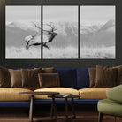 Rustic Elk Wall Art Canvas Print, Wildlife Antler Print, Framed Western Hunting Lodge Art Print, Large Mountain Nature Scene Printing