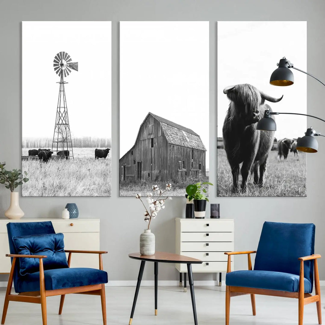 The Rustic Farmhouse Wall Art Canvas Print features three panels depicting a windmill, barn, and Highland cow in black and white.