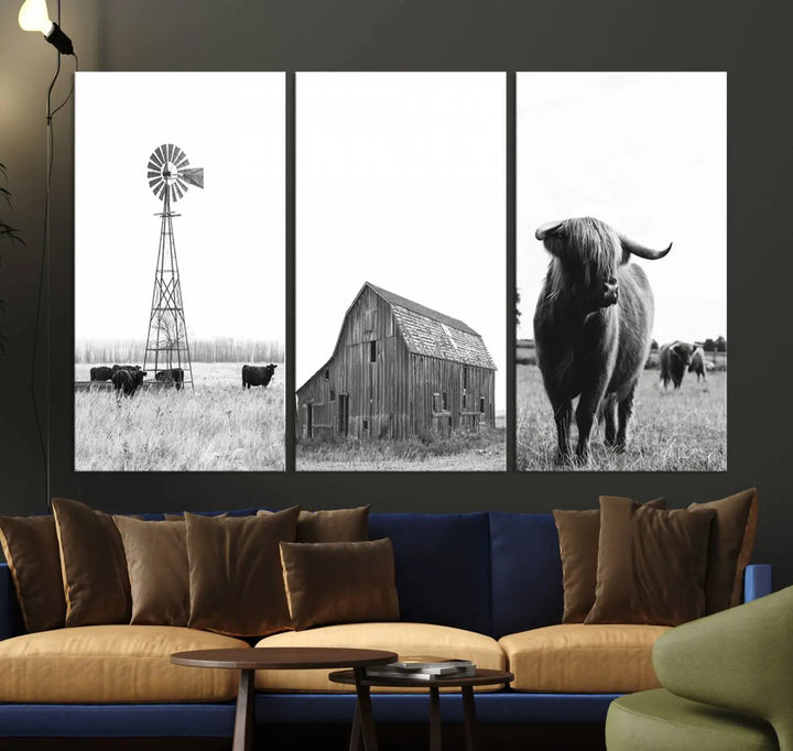 The Rustic Farmhouse Wall Art Canvas Print features three panels depicting a windmill, barn, and Highland cow in black and white.