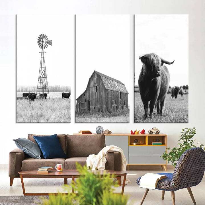 The Rustic Farmhouse Wall Art Canvas Print features three panels depicting a windmill, barn, and Highland cow in black and white.